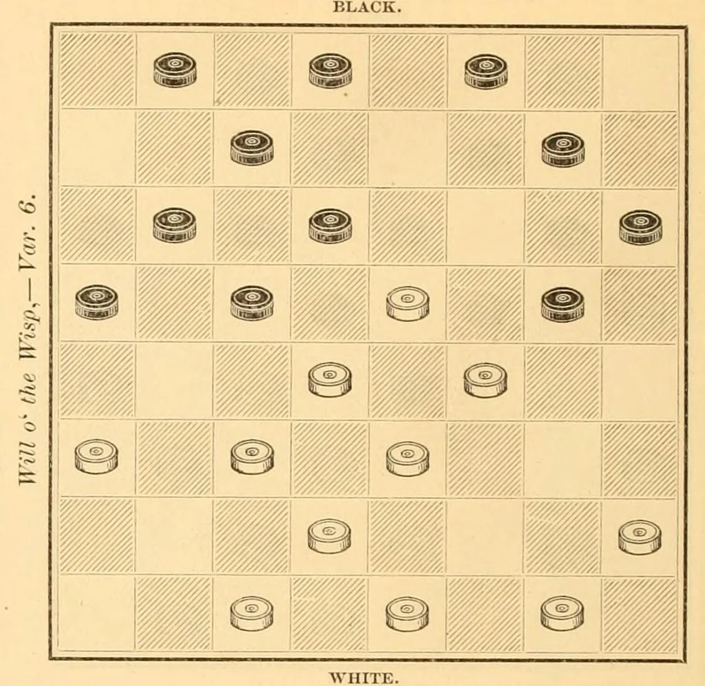 An illustration from The game of draughts. Selected problems, embracing critical positions from games by the best players of Great Britain and America, 1881, leaf 328