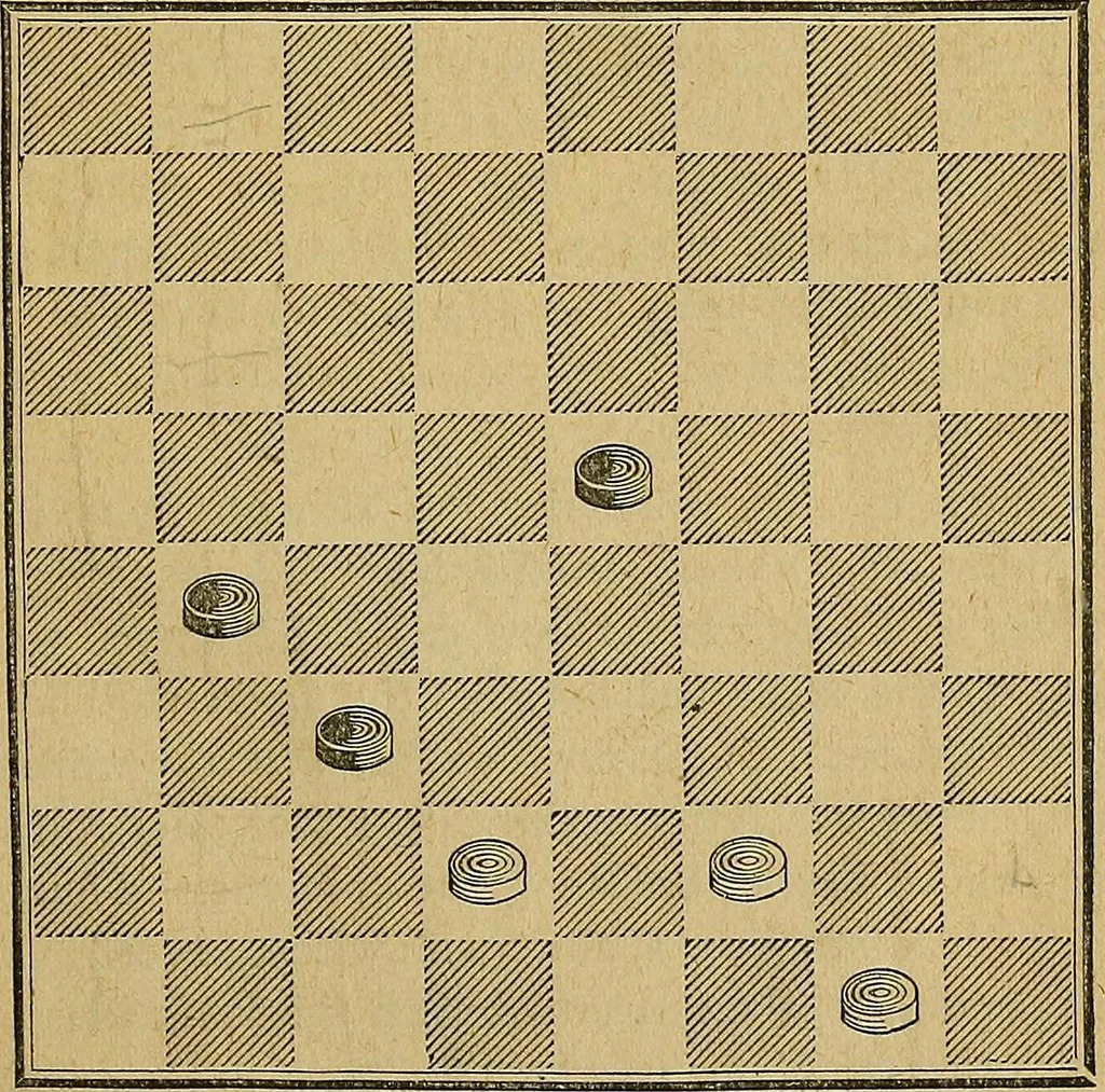 An illustration from The game of draughts; simplified and illustrated with diagrams. Founded on the games of Andrew Anderson, 1881, leaf 17