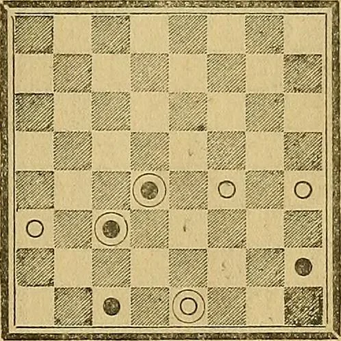 An illustration from The game of draughts; simplified and illustrated with diagrams. Founded on the games of Andrew Anderson, 1881, leaf 295