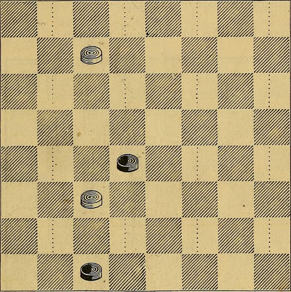 An illustration from The game of draughts; simplified and illustrated with diagrams. Founded on the games of Andrew Anderson, 1881, leaf 31