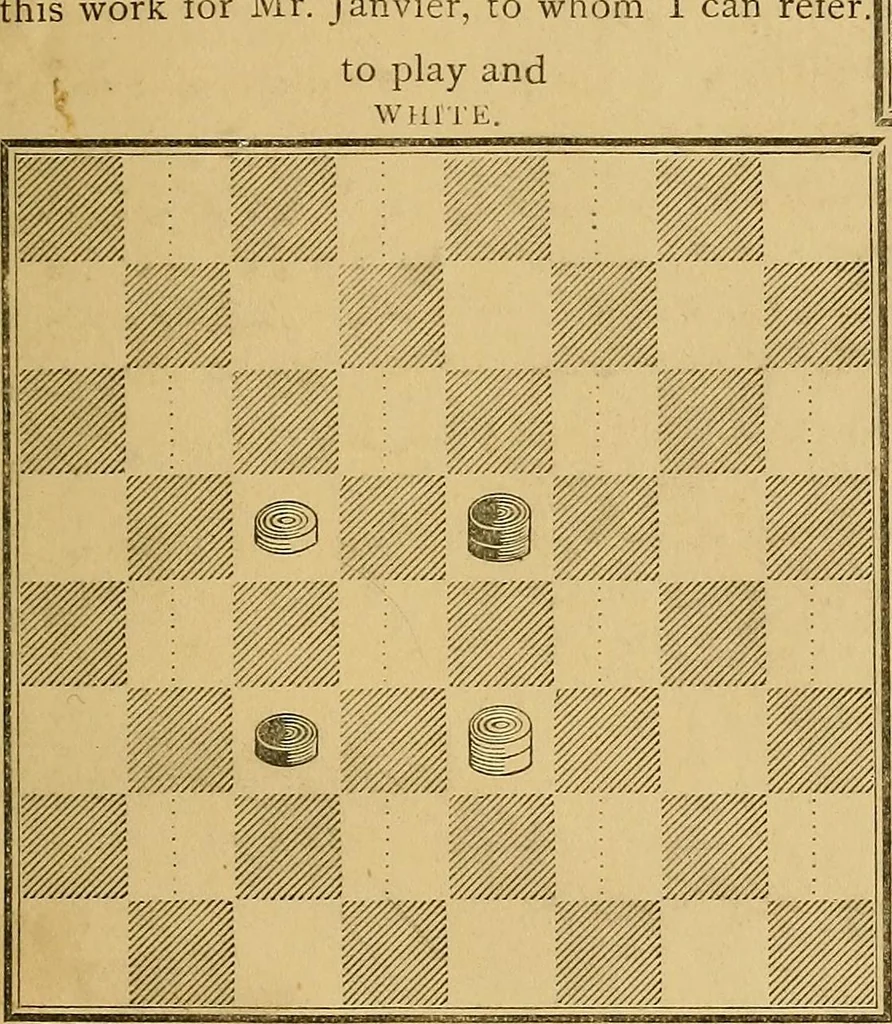 An illustration from The game of draughts; simplified and illustrated with diagrams. Founded on the games of Andrew Anderson, 1881, leaf 319