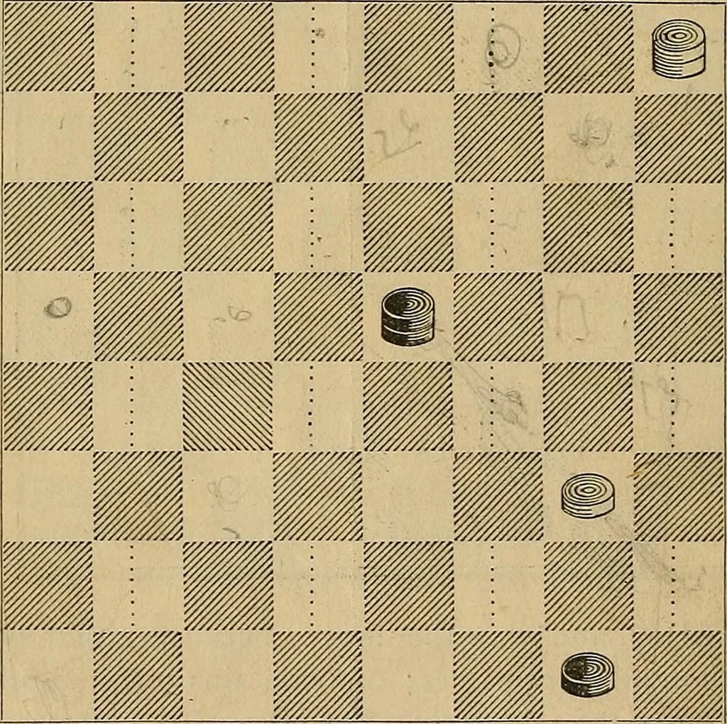 An illustration from The game of draughts; simplified and illustrated with diagrams. Founded on the games of Andrew Anderson, 1881, leaf 32