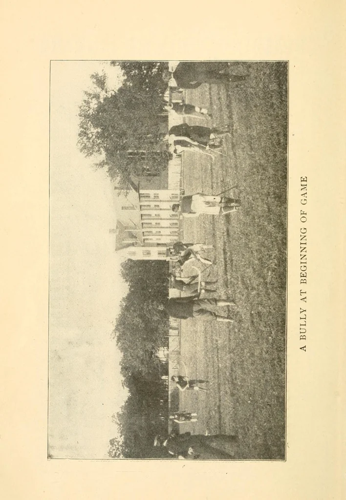 An illustration from The games of drawing room hockey, tether ball, hand tennis, garden hockey, volley ball, basket goal, lawn hockey, wicket polo, hand polo, golf croquet, clock golf, laws of badminton, 1914, leaf 14