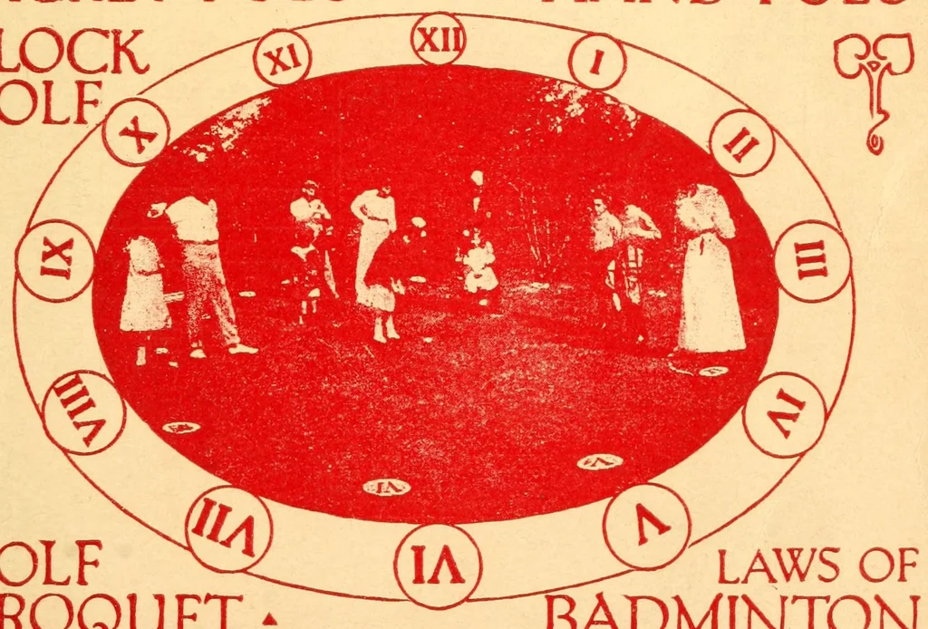 An illustration from The games of drawing room hockey, tether ball, hand tennis, garden hockey, volley ball, basket goal, lawn hockey, wicket polo, hand polo, golf croquet, clock golf, laws of badminton, 1914, leaf 7