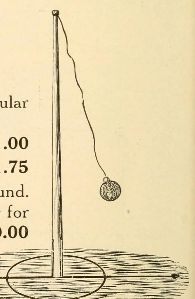 An illustration from The games of drawing room hockey, tether ball, hand tennis, garden hockey, volley ball, basket goal, lawn hockey, wicket polo, hand polo, golf croquet, clock golf, laws of badminton, 1914, leaf 78