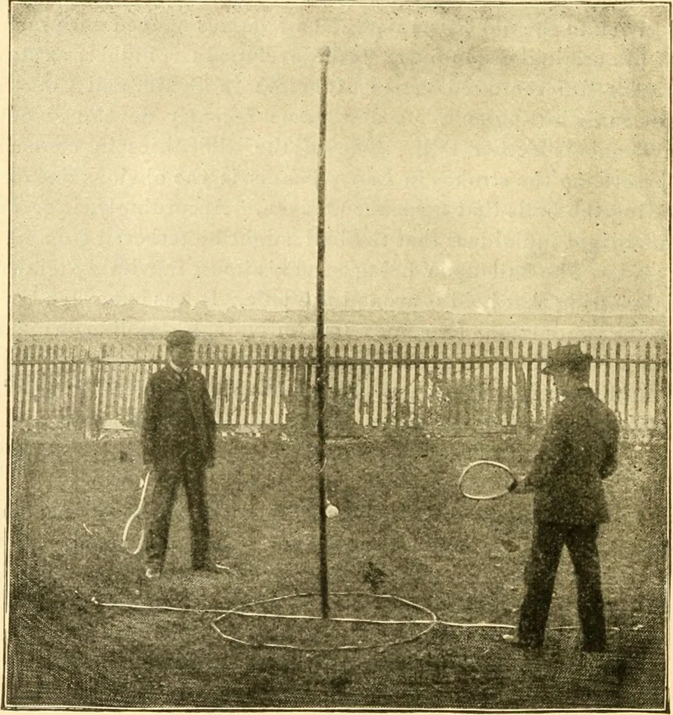 An illustration from The games of lawn hockey, tether ball, golf-croquet, hand tennis, volley ball, hand polo, wicket polo, laws of badminton, drawing room hockey, garden hockey, 1903, leaf 26