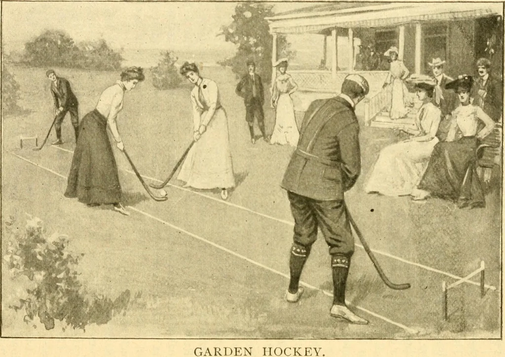An illustration from The games of lawn hockey, tether ball, golf-croquet, hand tennis, volley ball, hand polo, wicket polo, laws of badminton, drawing room hockey, garden hockey, 1903, leaf 58