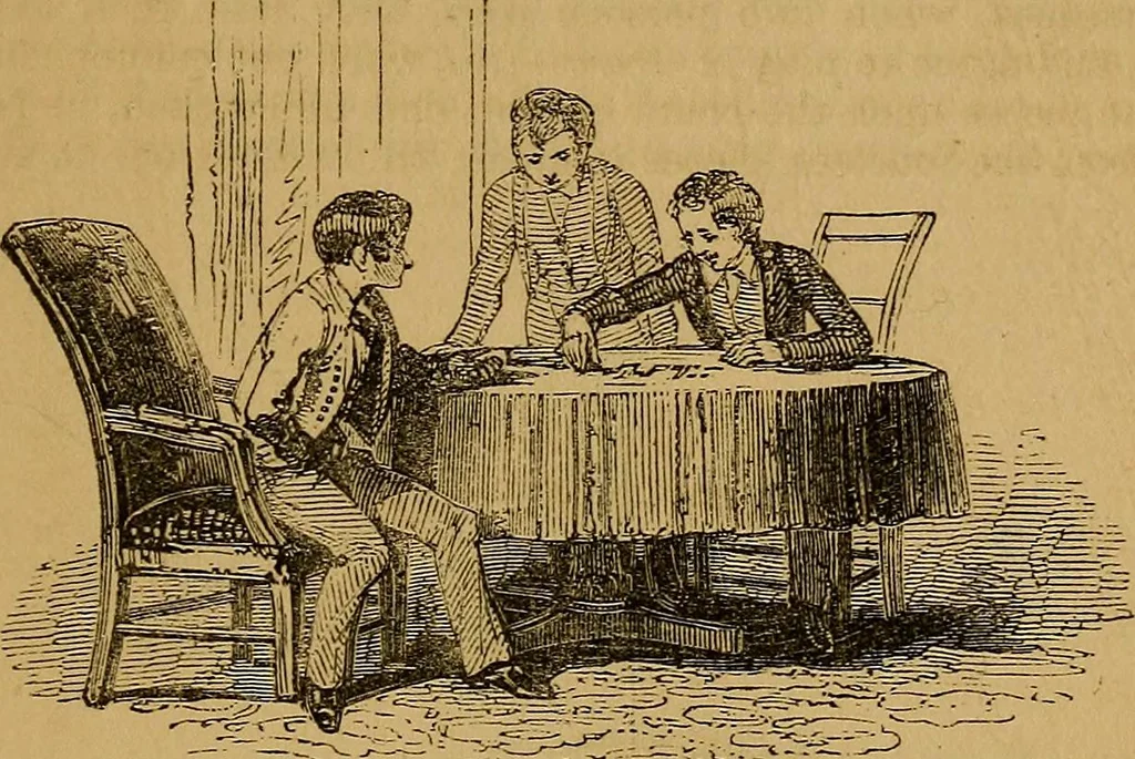 An illustration from Games of skill, and conjuring: including draughts, dominoes, chess, morrice, 1865, leaf 17