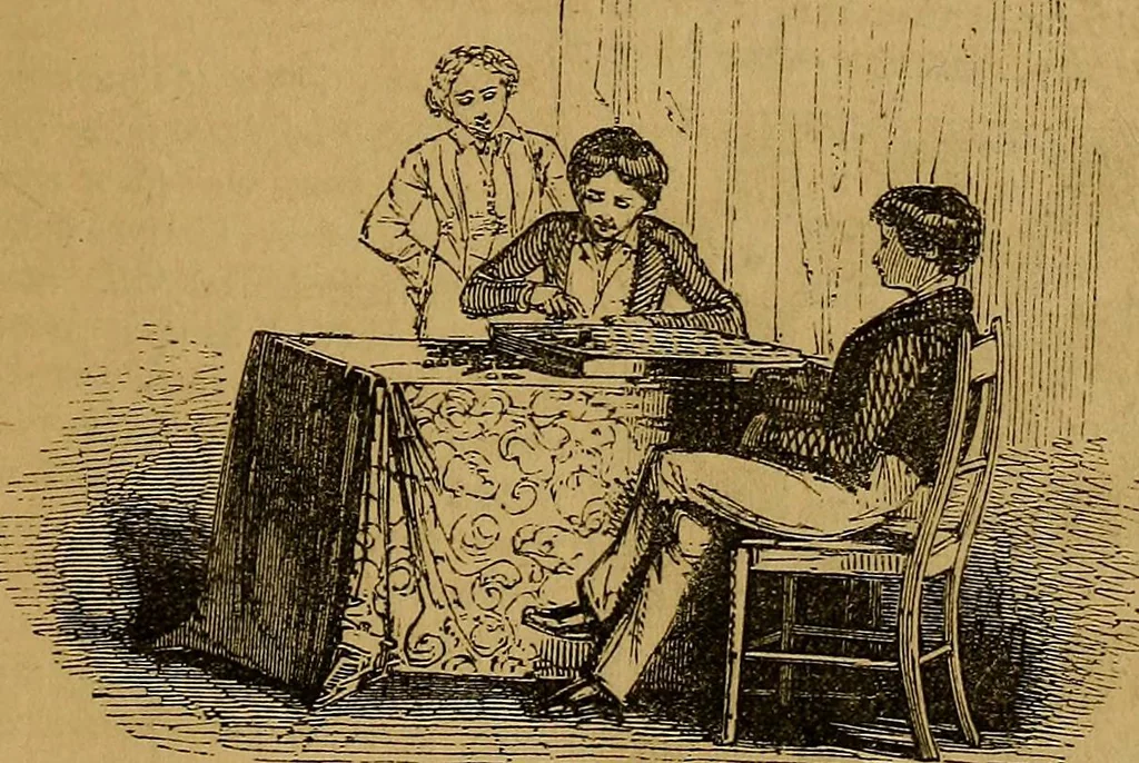 An illustration from Games of skill, and conjuring: including draughts, dominoes, chess, morrice, 1865, leaf 9