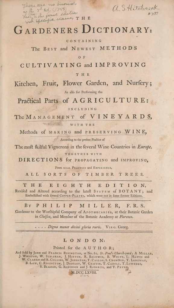 An illustration from The gardeners dictionary : containing the best and newest methods of cultivating and improving the kitchen, fruit, flower garden, and nursery, as also for performing the practical parts of agriculture : including the management of vineyards, with the methods of making and preserving wine, according to the present practice of the most skilful vignerons in the several wine countries in Europe : together with directions for propagating and improving, for real practice and experience, all sorts of timber trees, 1768, leaf 11