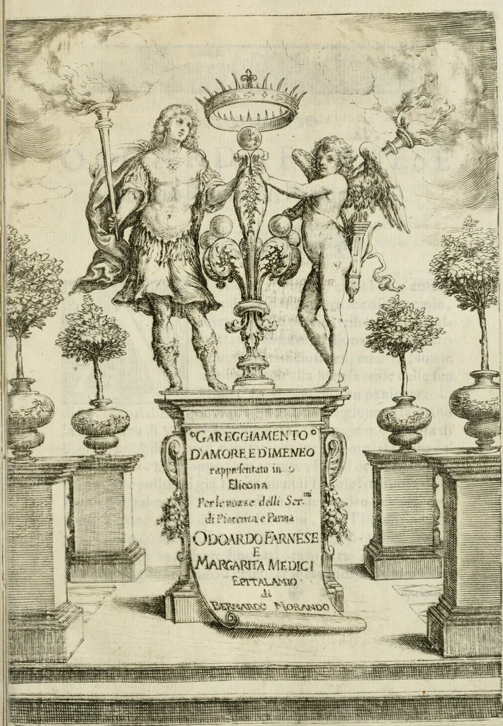 An illustration from Gareggiamento d'Amore e d'Imeneo, rappresentato in Elicona per le nozze delli ser.mi di Piacenza e Parma Odoardo Farnese e Margarita Medici : epitalamio, 1628, leaf 6