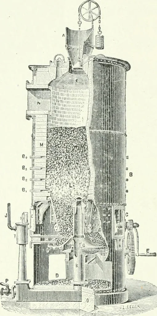 An illustration from Gas-engines and producer-gas plants; a practice treatise setting forth the principles of gas-engines and producer design, the selection and installation of an engine, conditions of perfect operation, producer-gas engines and their possibilities, the care of gas-engines and producer-gas plants, with a chapter on volatile hydrocarbon and oil engines, 1905, leaf 179