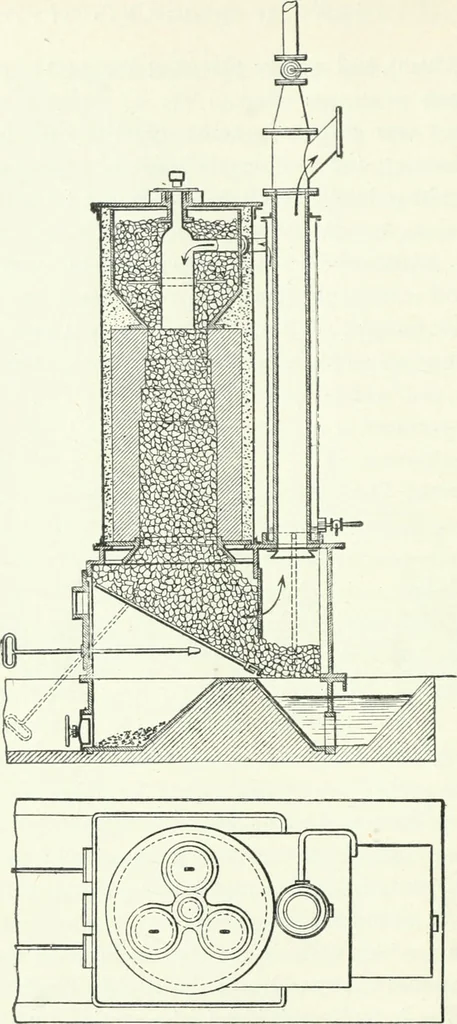 An illustration from Gas-engines and producer-gas plants; a practice treatise setting forth the principles of gas-engines and producer design, the selection and installation of an engine, conditions of perfect operation, producer-gas engines and their possibilities, the care of gas-engines and producer-gas plants, with a chapter on volatile hydrocarbon and oil engines, 1905, leaf 195