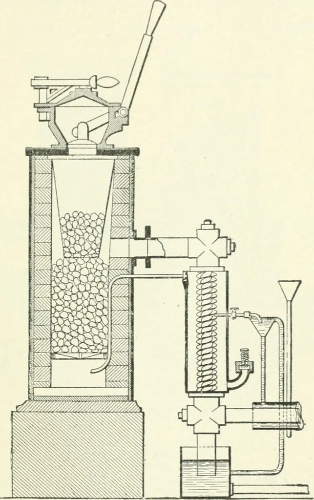 An illustration from Gas-engines and producer-gas plants; a practice treatise setting forth the principles of gas-engines and producer design, the selection and installation of an engine, conditions of perfect operation, producer-gas engines and their possibilities, the care of gas-engines and producer-gas plants, with a chapter on volatile hydrocarbon and oil engines, 1905, leaf 214