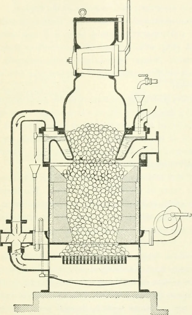 An illustration from Gas-engines and producer-gas plants; a practice treatise setting forth the principles of gas-engines and producer design, the selection and installation of an engine, conditions of perfect operation, producer-gas engines and their possibilities, the care of gas-engines and producer-gas plants, with a chapter on volatile hydrocarbon and oil engines, 1905, leaf 218