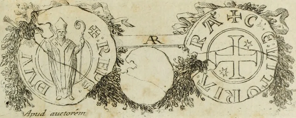 An illustration from Gasparis Aloysii Oderici ... Dissertationes et adnotationes in aliquot ineditas veterum inscriptiones et numismata accedunt inscriptiones et monumenta quae extant in bibliotheca monachorum camaldulensium S. Gregorii in Monte Coelio explicationibvs illvstrata, 1765, leaf 136