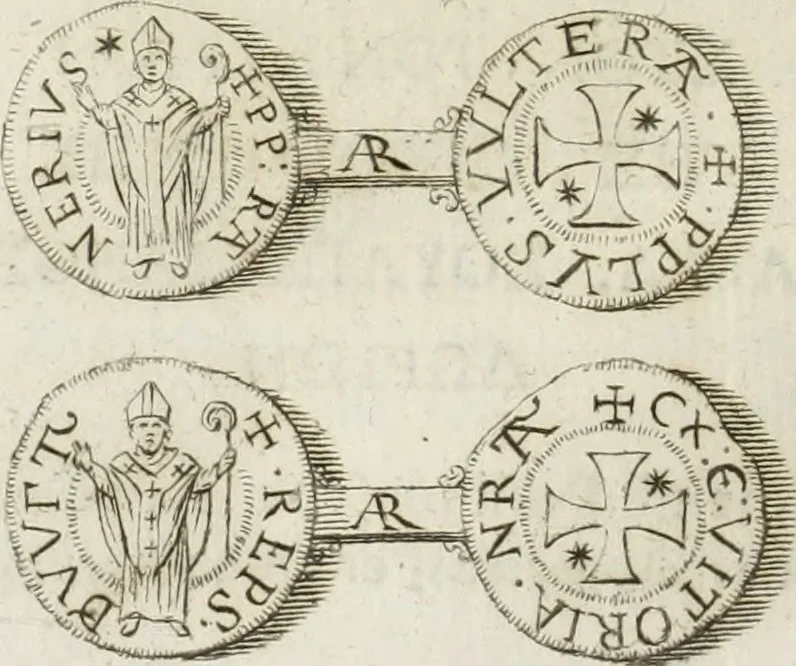 An illustration from Gasparis Aloysii Oderici ... Dissertationes et adnotationes in aliquot ineditas veterum inscriptiones et numismata accedunt inscriptiones et monumenta quae extant in bibliotheca monachorum camaldulensium S. Gregorii in Monte Coelio explicationibvs illvstrata, 1765, leaf 151