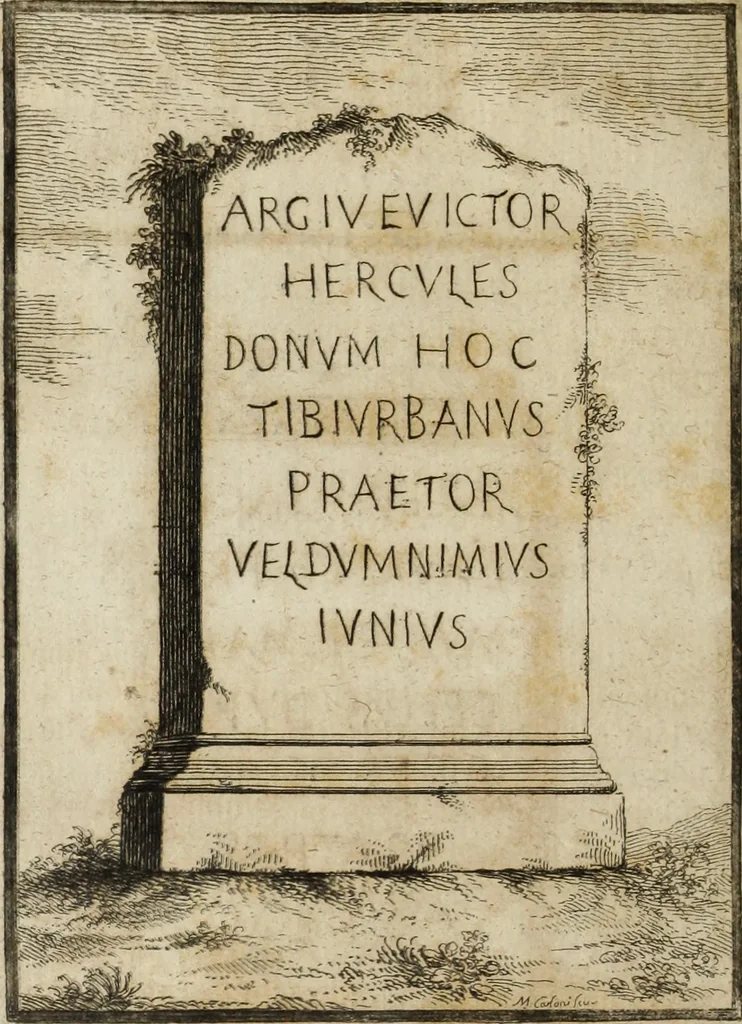 An illustration from Gasparis Aloysii Oderici ... Dissertationes et adnotationes in aliquot ineditas veterum inscriptiones et numismata accedunt inscriptiones et monumenta quae extant in bibliotheca monachorum camaldulensium S. Gregorii in Monte Coelio explicationibvs illvstrata, 1765, leaf 335