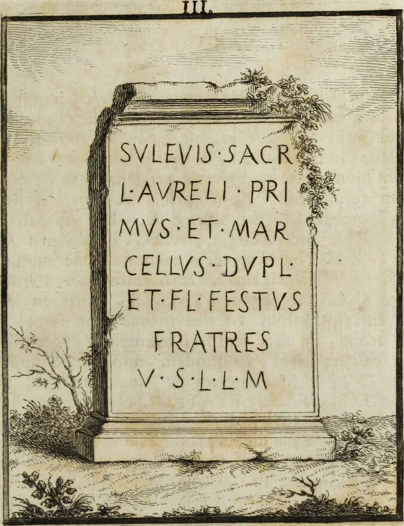 An illustration from Gasparis Aloysii Oderici ... Dissertationes et adnotationes in aliquot ineditas veterum inscriptiones et numismata accedunt inscriptiones et monumenta quae extant in bibliotheca monachorum camaldulensium S. Gregorii in Monte Coelio explicationibvs illvstrata, 1765, leaf 336