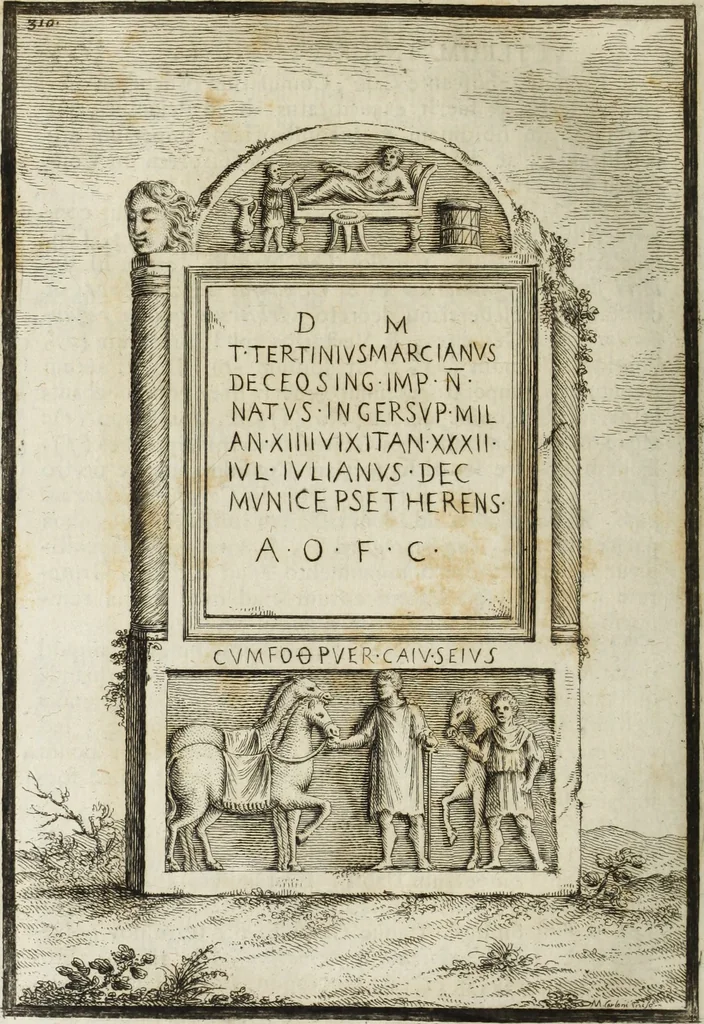 An illustration from Gasparis Aloysii Oderici ... Dissertationes et adnotationes in aliquot ineditas veterum inscriptiones et numismata accedunt inscriptiones et monumenta quae extant in bibliotheca monachorum camaldulensium S. Gregorii in Monte Coelio explicationibvs illvstrata, 1765, leaf 341
