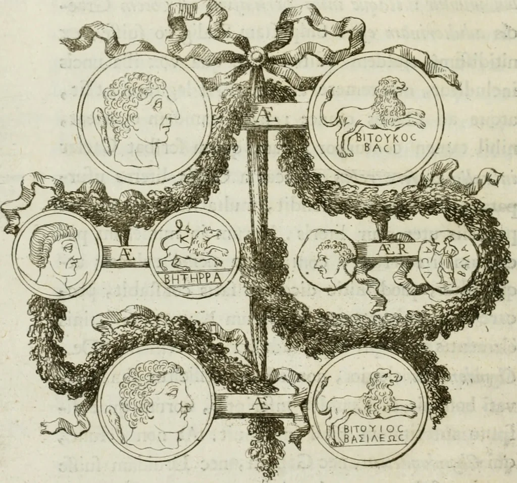 An illustration from Gasparis AloysI OdericI Societatis Iesu Academici Etrusci ad Caietanum Marinium De argenteo Orcitirigis numo coniecturae, 1767, leaf 27