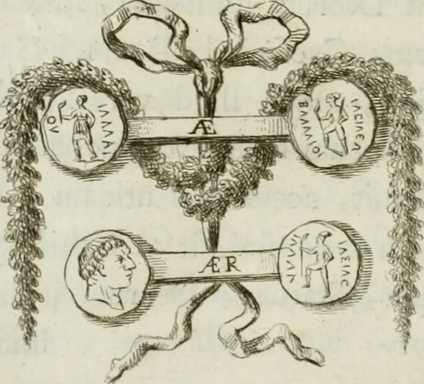 An illustration from Gasparis AloysI OdericI Societatis Iesu Academici Etrusci ad Caietanum Marinium De argenteo Orcitirigis numo coniecturae, 1767, leaf 37