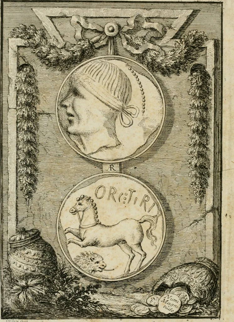 An illustration from Gasparis AloysI OdericI Societatis Iesu Academici Etrusci ad Caietanum Marinium De argenteo Orcitirigis numo coniecturae, 1767, leaf 9