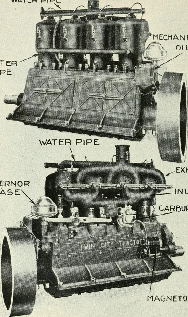 An illustration from The modern gas tractor, its construction, utility, operation and repair; a practical treatise defining every branch of up-to-date gas tractor engineering, driving and maintenance in a non-technical manner. Considers fully all types of power plants and their components, methods of drive and speed changing mechanisms. Describes design and construction of all parts, their installation and adjustment as well as practical application of tractors in the field, 1914, leaf 118