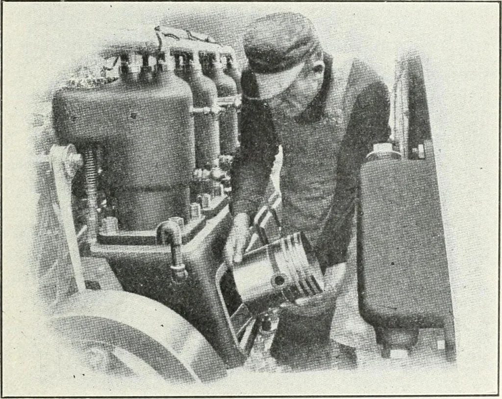 An illustration from The modern gas tractor, its construction, utility, operation and repair; a practical treatise defining every branch of up-to-date gas tractor engineering, driving and maintenance in a non-technical manner. Considers fully all types of power plants and their components, methods of drive and speed changing mechanisms. Describes design and construction of all parts, their installation and adjustment as well as practical application of tractors in the field, 1914, leaf 371