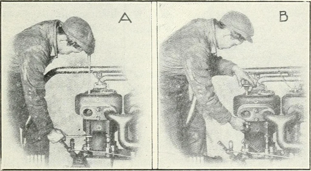 An illustration from The modern gas tractor, its construction, utility, operation and repair; a practical treatise defining every branch of up-to-date gas tractor engineering, driving and maintenance in a non-technical manner. Considers fully all types of power plants and their components, methods of drive and speed changing mechanisms. Describes design and construction of all parts, their installation and adjustment as well as practical application of tractors in the field, 1914, leaf 375