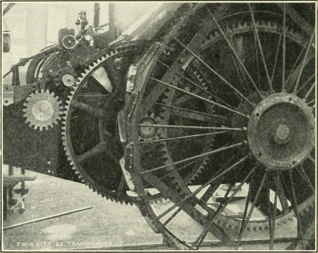 An illustration from The modern gas tractor, its construction, utility, operation and repair; a practical treatise defining every branch of up-to-date gas tractor engineering, driving and maintenance in a non-technical manner. Considers fully all types of power plants and their components, methods of drive and speed changing mechanisms. Describes design and construction of all parts, their installation and adjustment as well as practical application of tractors in the field, 1914, leaf 396