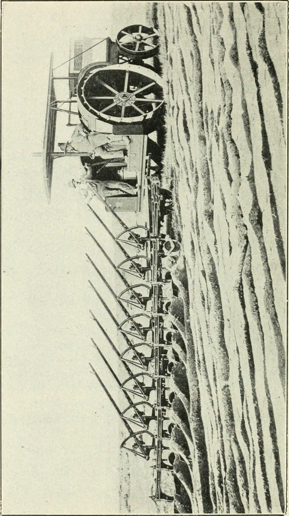 An illustration from The modern gas tractor, its construction, utility, operation and repair; a practical treatise defining every branch of up-to-date gas tractor engineering, driving and maintenance in a non-technical manner. Considers fully all types of power plants and their components, methods of drive and speed changing mechanisms. Describes design and construction of all parts, their installation and adjustment as well as practical application of tractors in the field, 1914, leaf 398