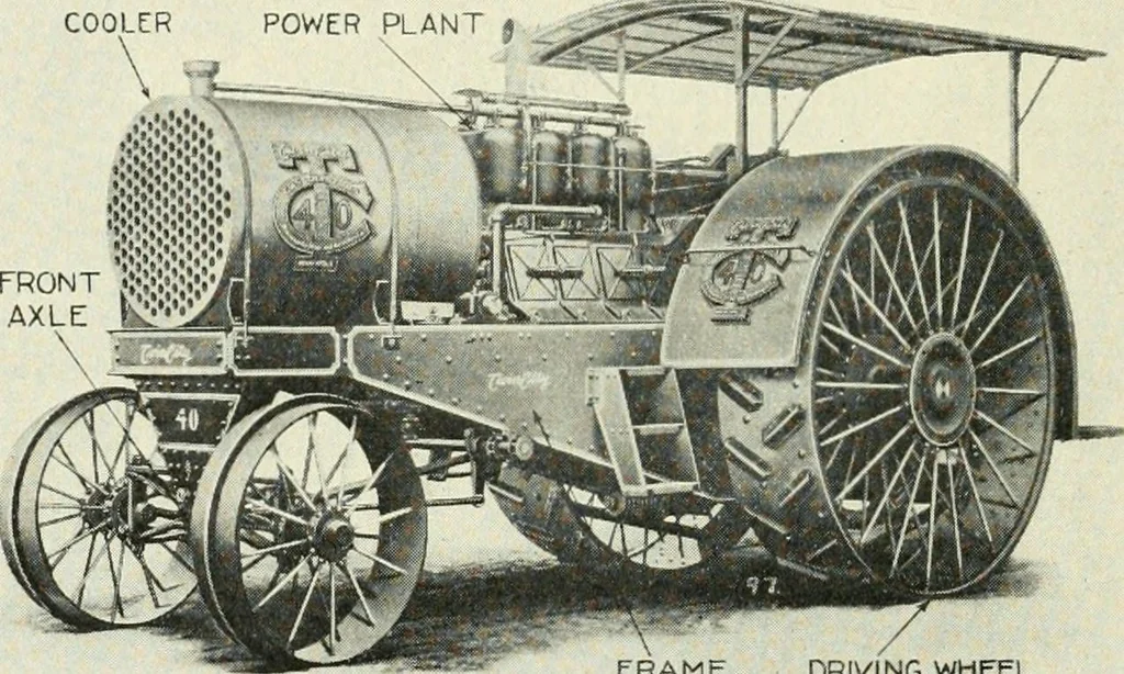 An illustration from The modern gas tractor, its construction, utility, operation and repair; a practical treatise defining every branch of up-to-date gas tractor engineering, driving and maintenance in a non-technical manner. Considers fully all types of power plants and their components, methods of drive and speed changing mechanisms. Describes design and construction of all parts, their installation and adjustment as well as practical application of tractors in the field, 1914, leaf 40