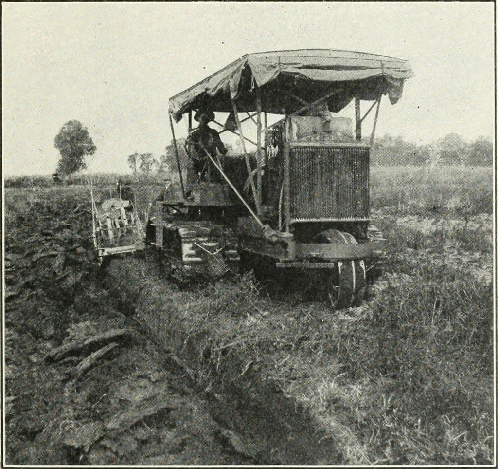 An illustration from The modern gas tractor, its construction, utility, operation and repair; a practical treatise defining every branch of up-to-date gas tractor engineering, driving and maintenance in a non-technical manner. Considers fully all types of power plants and their components, methods of drive and speed changing mechanisms. Describes design and construction of all parts, their installation and adjustment as well as practical application of tractors in the field, 1914, leaf 401