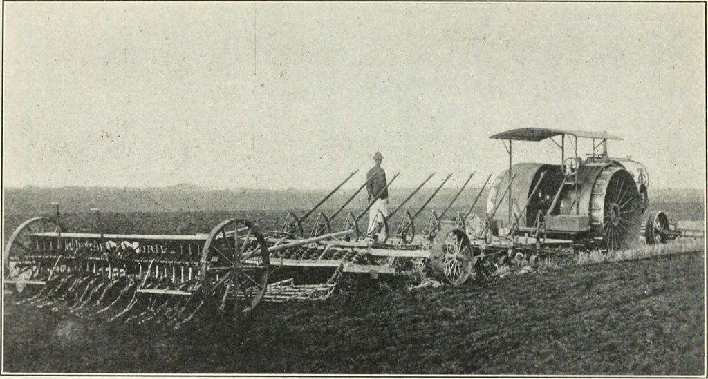An illustration from The modern gas tractor, its construction, utility, operation and repair; a practical treatise defining every branch of up-to-date gas tractor engineering, driving and maintenance in a non-technical manner. Considers fully all types of power plants and their components, methods of drive and speed changing mechanisms. Describes design and construction of all parts, their installation and adjustment as well as practical application of tractors in the field, 1914, leaf 405