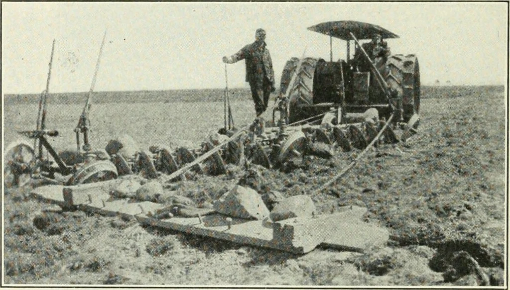 An illustration from The modern gas tractor, its construction, utility, operation and repair; a practical treatise defining every branch of up-to-date gas tractor engineering, driving and maintenance in a non-technical manner. Considers fully all types of power plants and their components, methods of drive and speed changing mechanisms. Describes design and construction of all parts, their installation and adjustment as well as practical application of tractors in the field, 1914, leaf 406