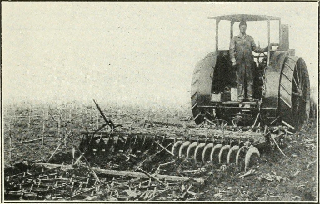 An illustration from The modern gas tractor, its construction, utility, operation and repair; a practical treatise defining every branch of up-to-date gas tractor engineering, driving and maintenance in a non-technical manner. Considers fully all types of power plants and their components, methods of drive and speed changing mechanisms. Describes design and construction of all parts, their installation and adjustment as well as practical application of tractors in the field, 1914, leaf 409