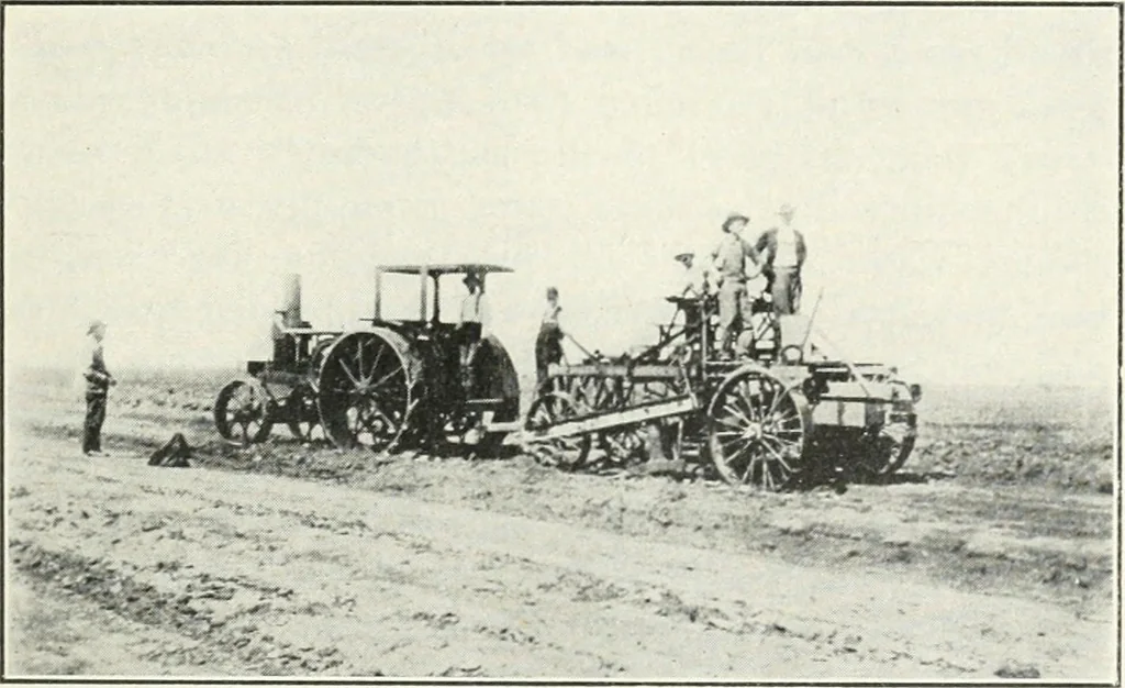 An illustration from The modern gas tractor, its construction, utility, operation and repair; a practical treatise defining every branch of up-to-date gas tractor engineering, driving and maintenance in a non-technical manner. Considers fully all types of power plants and their components, methods of drive and speed changing mechanisms. Describes design and construction of all parts, their installation and adjustment as well as practical application of tractors in the field, 1914, leaf 411