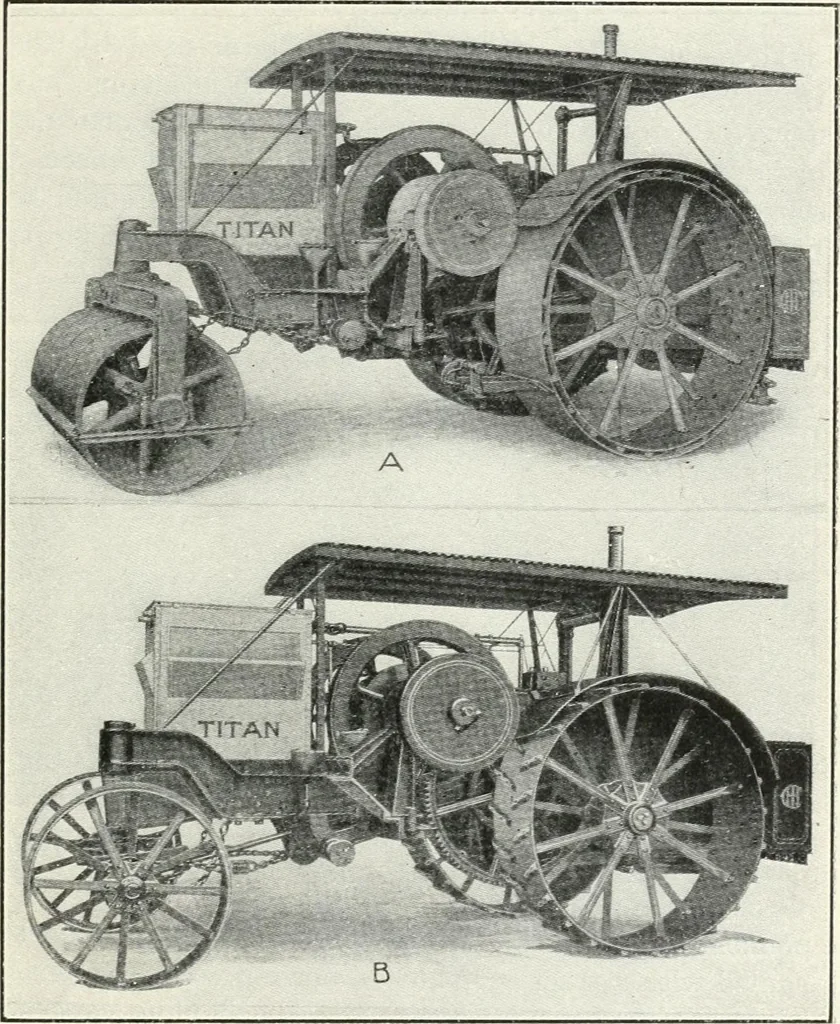An illustration from The modern gas tractor, its construction, utility, operation and repair; a practical treatise defining every branch of up-to-date gas tractor engineering, driving and maintenance in a non-technical manner. Considers fully all types of power plants and their components, methods of drive and speed changing mechanisms. Describes design and construction of all parts, their installation and adjustment as well as practical application of tractors in the field, 1914, leaf 415