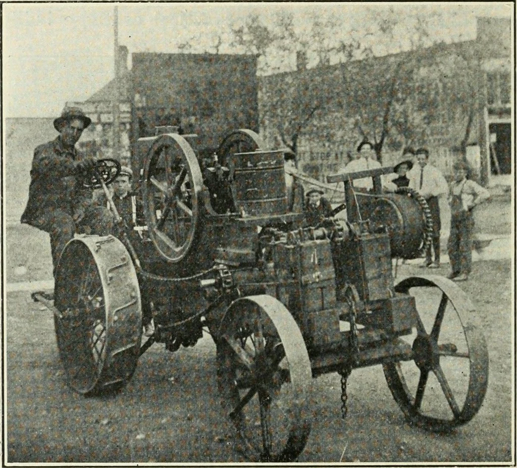 An illustration from The modern gas tractor, its construction, utility, operation and repair; a practical treatise defining every branch of up-to-date gas tractor engineering, driving and maintenance in a non-technical manner. Considers fully all types of power plants and their components, methods of drive and speed changing mechanisms. Describes design and construction of all parts, their installation and adjustment as well as practical application of tractors in the field, 1914, leaf 426
