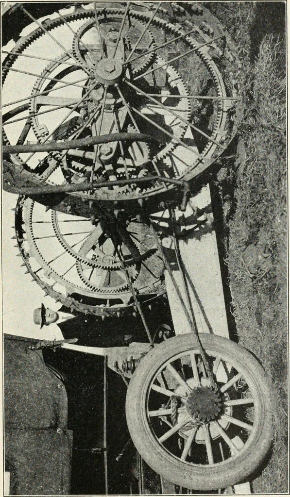 An illustration from The modern gas tractor, its construction, utility, operation and repair; a practical treatise defining every branch of up-to-date gas tractor engineering, driving and maintenance in a non-technical manner. Considers fully all types of power plants and their components, methods of drive and speed changing mechanisms. Describes design and construction of all parts, their installation and adjustment as well as practical application of tractors in the field, 1914, leaf 427