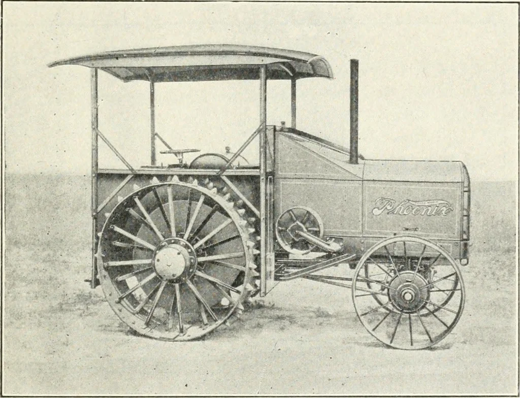 An illustration from The modern gas tractor, its construction, utility, operation and repair; a practical treatise defining every branch of up-to-date gas tractor engineering, driving and maintenance in a non-technical manner. Considers fully all types of power plants and their components, methods of drive and speed changing mechanisms. Describes design and construction of all parts, their installation and adjustment as well as practical application of tractors in the field, 1914, leaf 55
