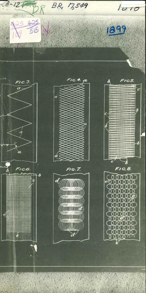 An illustration from Millar - Producing Fabrics or Tissues from Liquid Plastic Materials, British Patent 17549 of 1898, 1899, leaf 0