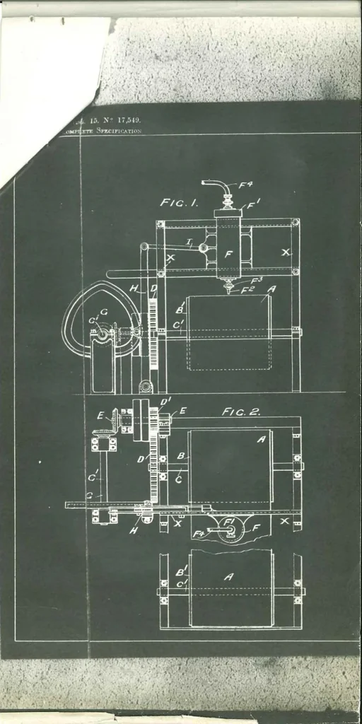 An illustration from Millar - Producing Fabrics or Tissues from Liquid Plastic Materials, British Patent 17549 of 1898, 1899, leaf 1