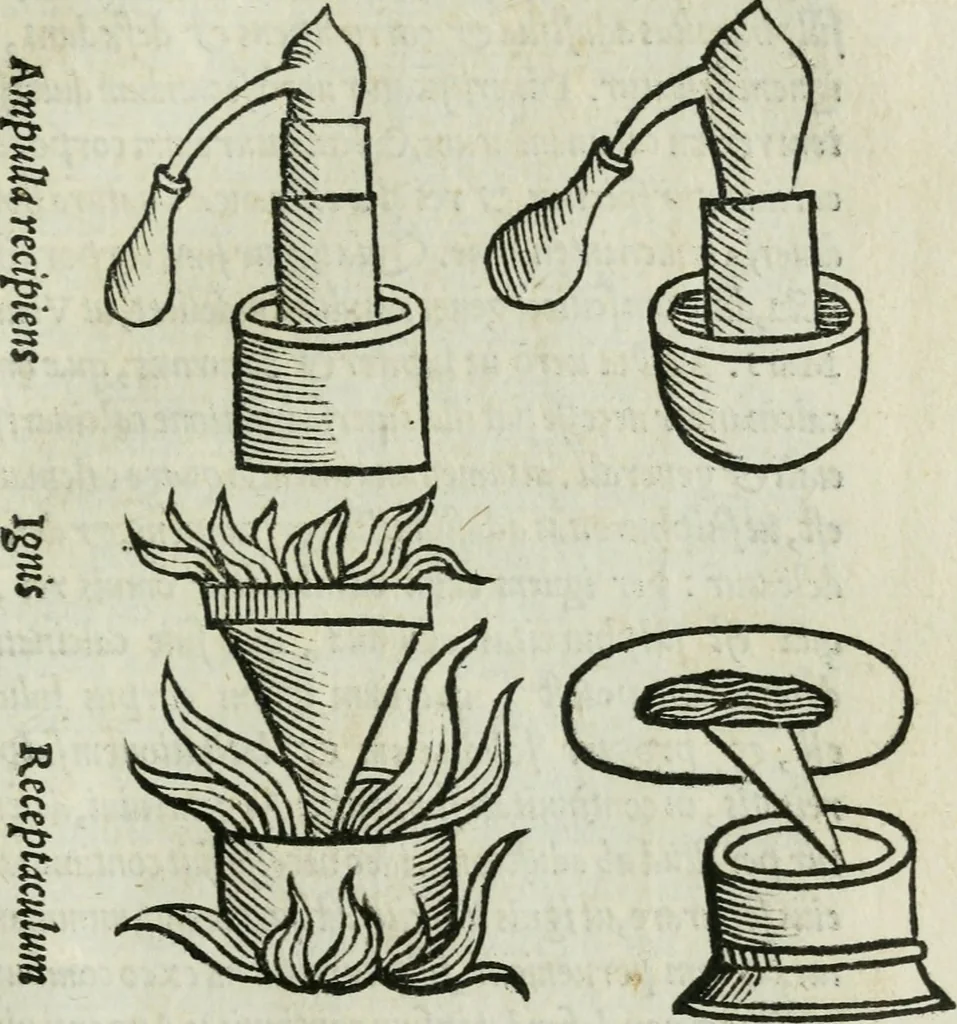 An illustration from Geberis philosophi perspicacissimi, summa perfectionis magisterii in sua natura ex Bibliothecae Vaticanae exemplari undecunq[ue] : emendatissimo nuper edita, cum quorundam capituloru[m], vasorum, & fornacum, in uolumine aliàs mendosissimè impresso omissorum : libriq[ue] inuestigationis magisterij & testamenti eiusdem Geberis, ac Aurei triu[m] uerborum libelli et Auicennae summi medici & acutissimi philosophi mineralium additio[n]e castigatissima, 1542, leaf 100