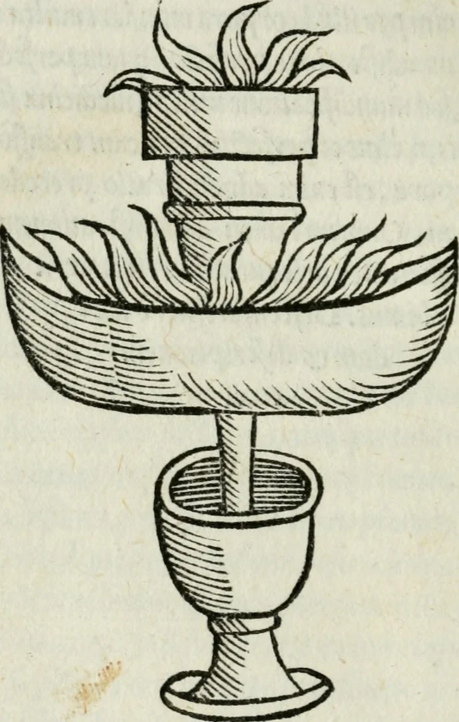 An illustration from Geberis philosophi perspicacissimi, summa perfectionis magisterii in sua natura ex Bibliothecae Vaticanae exemplari undecunq[ue] : emendatissimo nuper edita, cum quorundam capituloru[m], vasorum, & fornacum, in uolumine aliàs mendosissimè impresso omissorum : libriq[ue] inuestigationis magisterij & testamenti eiusdem Geberis, ac Aurei triu[m] uerborum libelli et Auicennae summi medici & acutissimi philosophi mineralium additio[n]e castigatissima, 1542, leaf 95