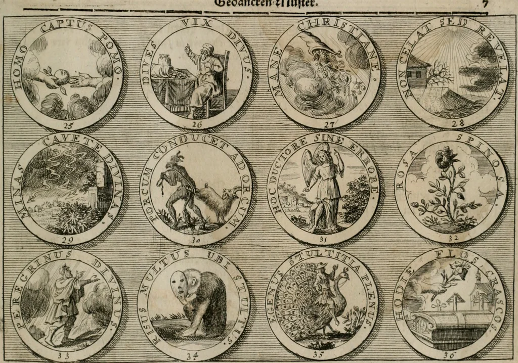 An illustration from Gedancken Muster und Anleitungen : worinen eine grosse Zahl nicht allein Sumarischer sondern auch Moral: emblematischen Figuren in vier Sprachen als Lat: Franz: Ital: und Teutsch vorstellet samt noch eines Stambuchs schöner Anweisungen woraus bey jeder Gelegenheit aus solchen etwas kan gezogen werden, 1700, leaf 10