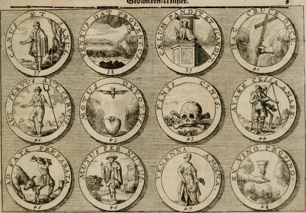 An illustration from Gedancken Muster und Anleitungen : worinen eine grosse Zahl nicht allein Sumarischer sondern auch Moral: emblematischen Figuren in vier Sprachen als Lat: Franz: Ital: und Teutsch vorstellet samt noch eines Stambuchs schöner Anweisungen woraus bey jeder Gelegenheit aus solchen etwas kan gezogen werden, 1700, leaf 12