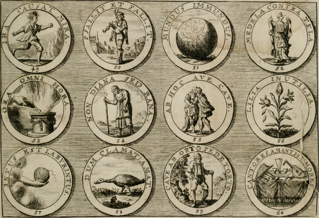 An illustration from Gedancken Muster und Anleitungen : worinen eine grosse Zahl nicht allein Sumarischer sondern auch Moral: emblematischen Figuren in vier Sprachen als Lat: Franz: Ital: und Teutsch vorstellet samt noch eines Stambuchs schöner Anweisungen woraus bey jeder Gelegenheit aus solchen etwas kan gezogen werden, 1700, leaf 14