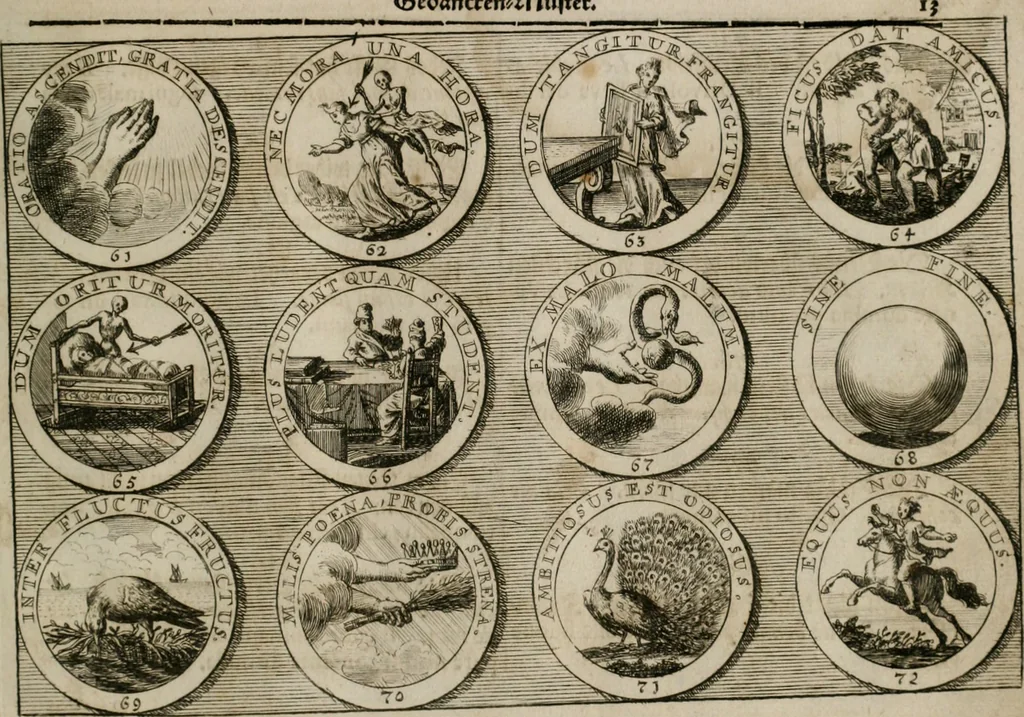 An illustration from Gedancken Muster und Anleitungen : worinen eine grosse Zahl nicht allein Sumarischer sondern auch Moral: emblematischen Figuren in vier Sprachen als Lat: Franz: Ital: und Teutsch vorstellet samt noch eines Stambuchs schöner Anweisungen woraus bey jeder Gelegenheit aus solchen etwas kan gezogen werden, 1700, leaf 16
